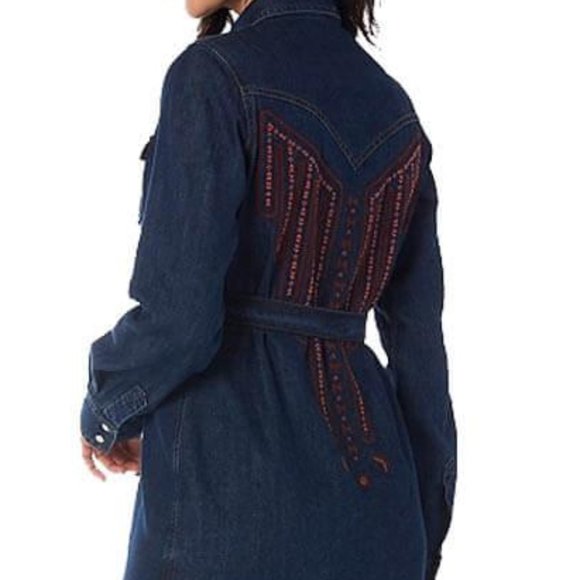 Wrangler Retro XS S Denim Western Embroidered Dress Shirtdress Belted Nwt - Picture 2 of 10